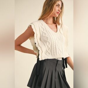 77B. Scalloped Knit Vest With Side Bows - Cream